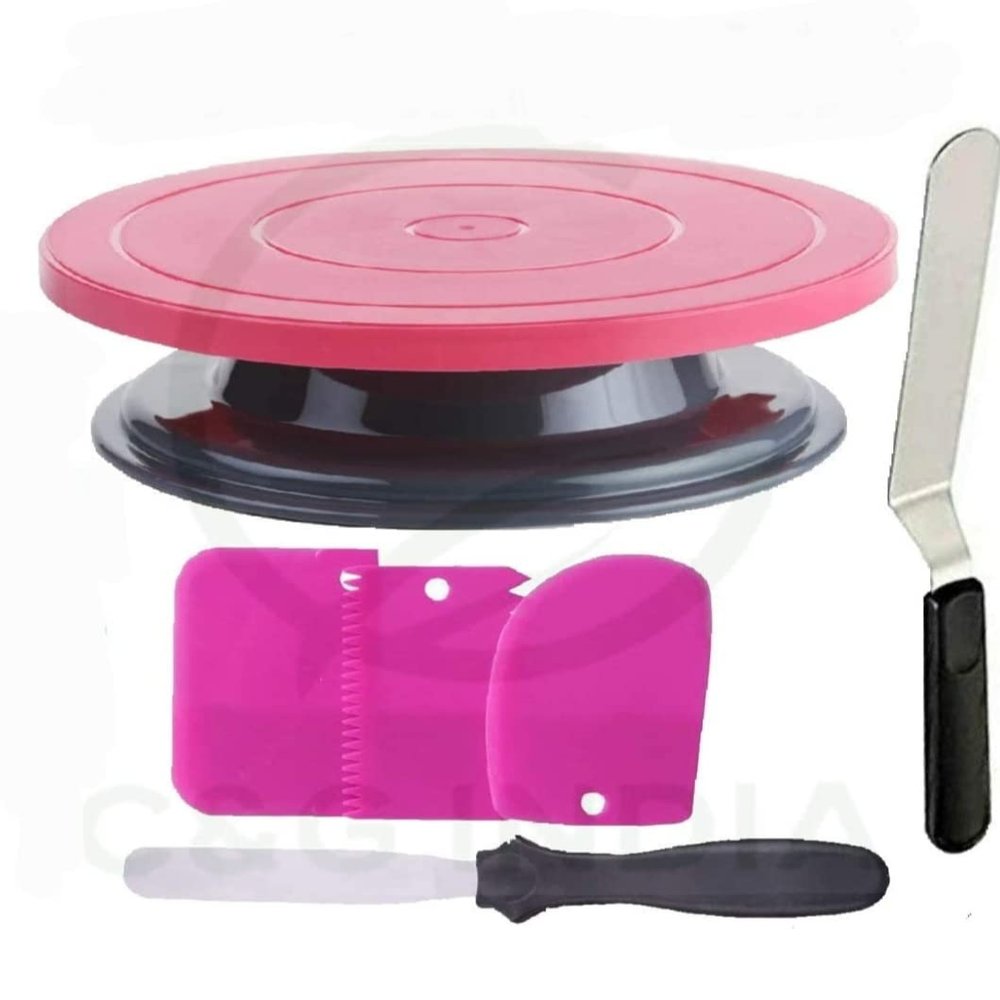 HANKANG 6 Pcs Cake Decorating Kit, 11 Inch Rotating Cake Turntable, Pink, Round