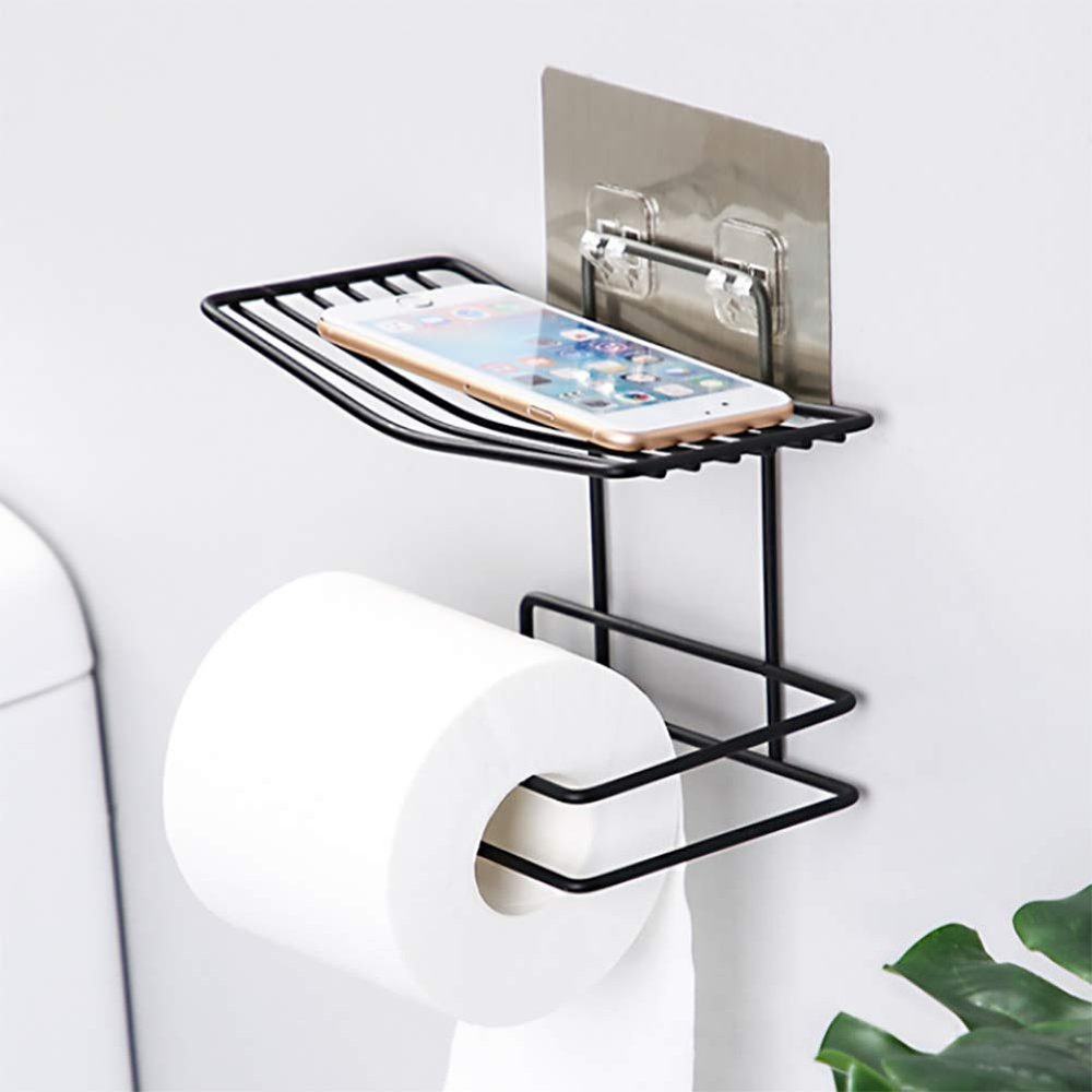 ZIZLY Bathroom Tissue Holder, Bathroom Wall Mounted Toilet Paper Holder with Mobile Phone Storage Shelf, Bathroom Towel Storage Rack Hanger Organizer, Bathroom Shelf for Tissue, Towel and Tissue Rack