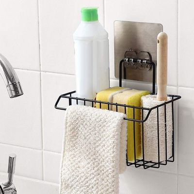 ZIZLY Sink Caddy Organizer Metal Iron Sponge Holder Drain Rack Basket for Kitchen Brush Soap Dish-Washing Liquid, Towel Rack, Shampoo, Cosmetic Bottle Stand (Black)