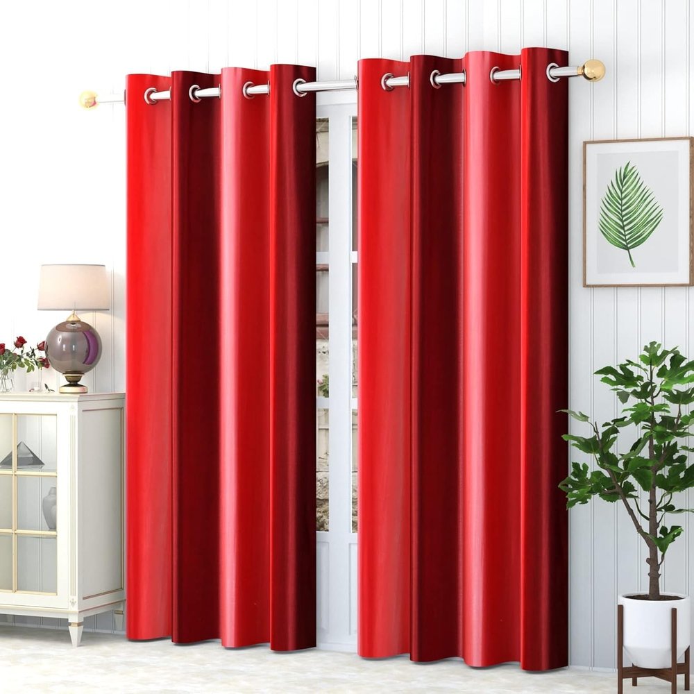 GOYCORS Modern Polyester Long Crush Patta Solid Eyelet Polyester Curtains for Window (Set of 2, Window_5 Ft, Red)