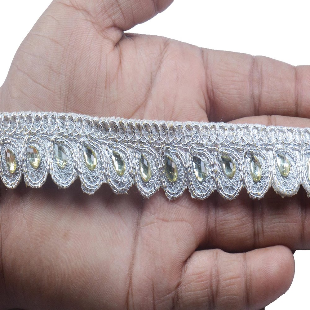 GOELX Kundan Stone Colorful Leaf Buta Flower Colorful Lace and Border Material 9.2 Yards / 8.5 Mtr for Duapatta, Lehenga, Saree, Palazzo, Anarkali Suits (Width : 2cm)(Silver)