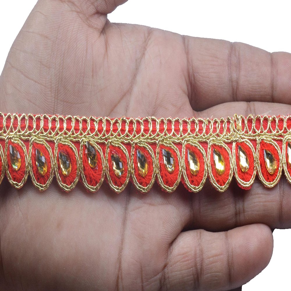 GOELX Kundan Stone Colorful Leaf Buta Flower Colorful Lace and Border Material 9.2 Yards / 8.5 Mtr for Duapatta, Lehenga, Saree, Palazzo, Anarkali Suits (Width : 2cm) (Red)