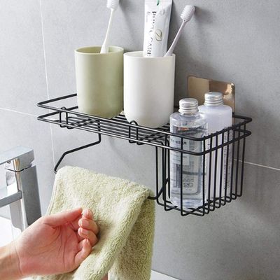 KPS Self Adhesive Wall Mounted Kitchen Storage Hanging Rack Basket with Tissue Holder and Kitchen Towel Holder Wardrobe Hanging Organizer Bathroom Storage Rack (Black)