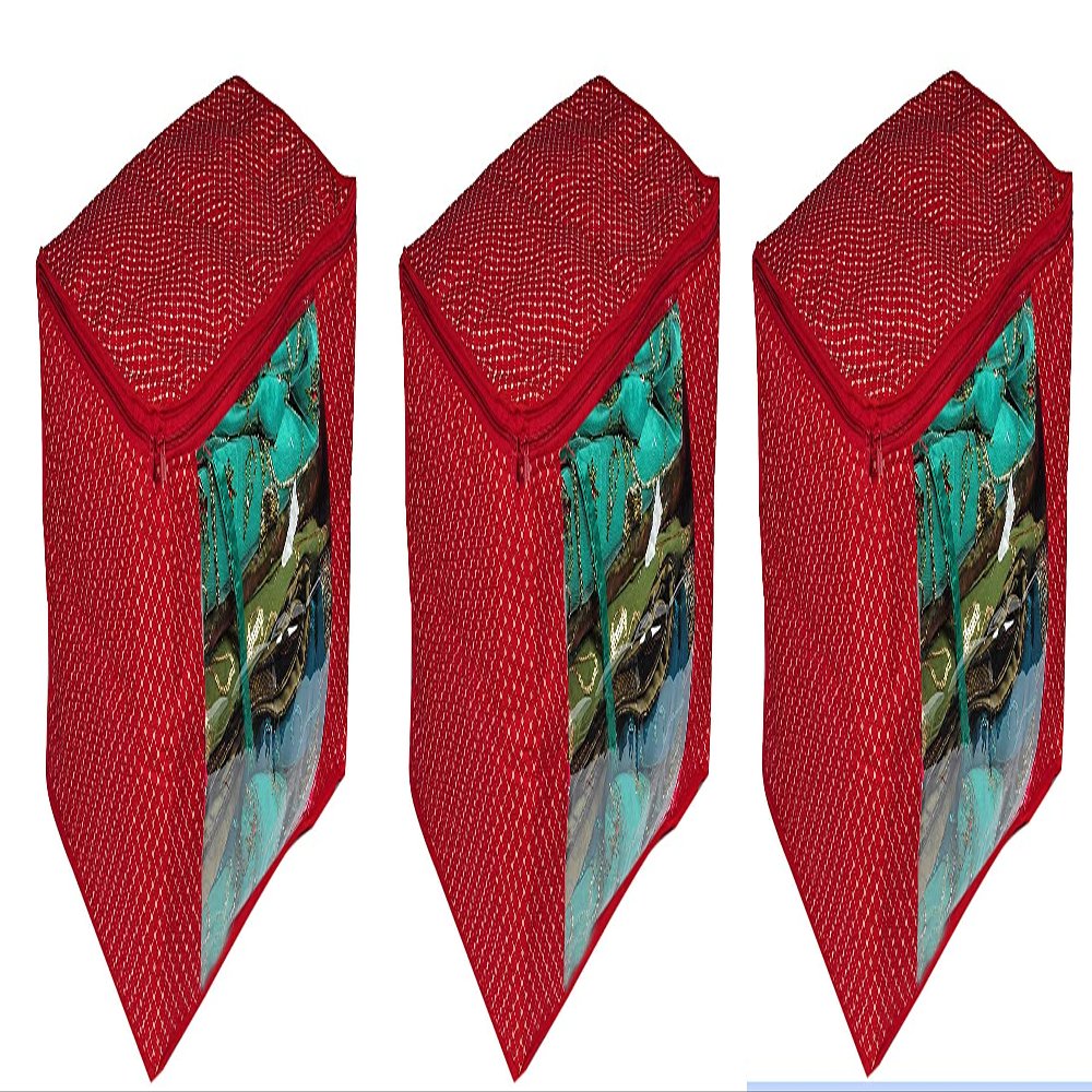 Sunesh Creation Pack of 3 Red with White Polka Dots Print Clothes/Lehenga/Saree Cover Bag with Zip Closure for Storage and Gift Purpose (41x33x23cm)