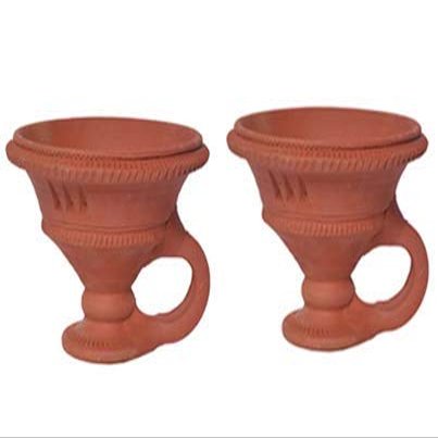 Sajan Creation Art Clay Diya/Dhoop Dan with Handle (Peach) - (Set of 2 Piece)
