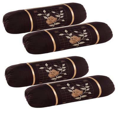 Rj Products Cotton Bolster Cover with Beautiful Rose Embroidery (Coffee_4piece)