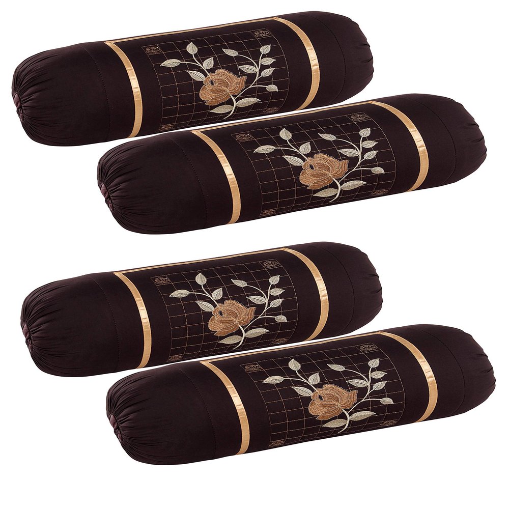 Rj Products Cotton Bolster Cover with Beautiful Rose Embroidery (Coffee_4piece)