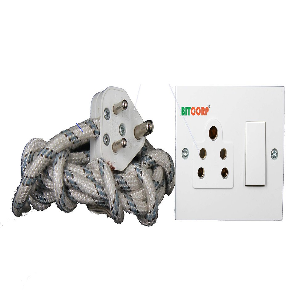 Bitcorp Power Extension Board with Cotton Wire 1 Socket 1 Switch, 6A 1500W Surge Protector 5 Meter Electric Cord for Appliances, Fridge, Home, Office, Computer, AC Cotton Wire (White) 220 Volts