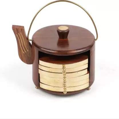 Incredible Hub Wooden Coaster Set of 6 Tea Pot Shape Coaster with Brass Design Coffee Table/Kitchen/Dining Table/Kettle Coaster