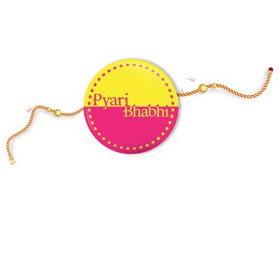Bhai Please Pyari Bhabhi Rakhi with Fridge Magnet for Bhabhi | Set of 1 pc with Roli/Kumkum- Chawal| Kids, Girls Designer, Fancy, Fun, Movie Rakhi Set| with Raksha Bandhan Greetings