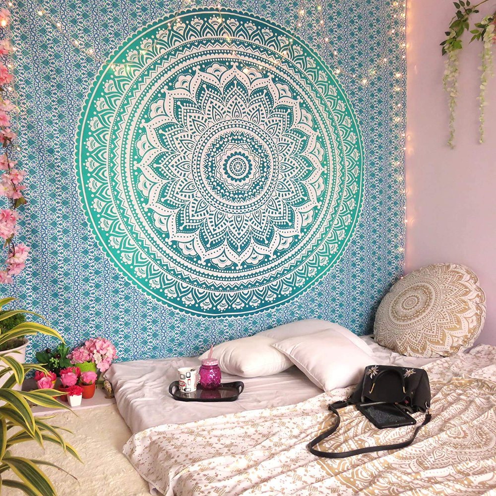 Dravy Handicrafts Floral Tapestry Mandala Ombre Tapestry Wall Hanging Bedsheet Cotton Bedsheet Wall Tapestry Bed Wall Hanging Tapestry (Green, Twin (84X54 Inches)) Standard, 200 TC