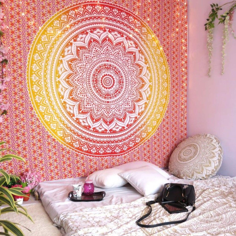 DRAVY HANDICRAFTS Tapestry Single Bedsheet Wall Hanging Tapestry Bedspread Bedcover Beach Throw Blanket Tapestry Wall Hanging Outdoor Picnic Yoga Mat (Orange, Twin (84x54 Inches))