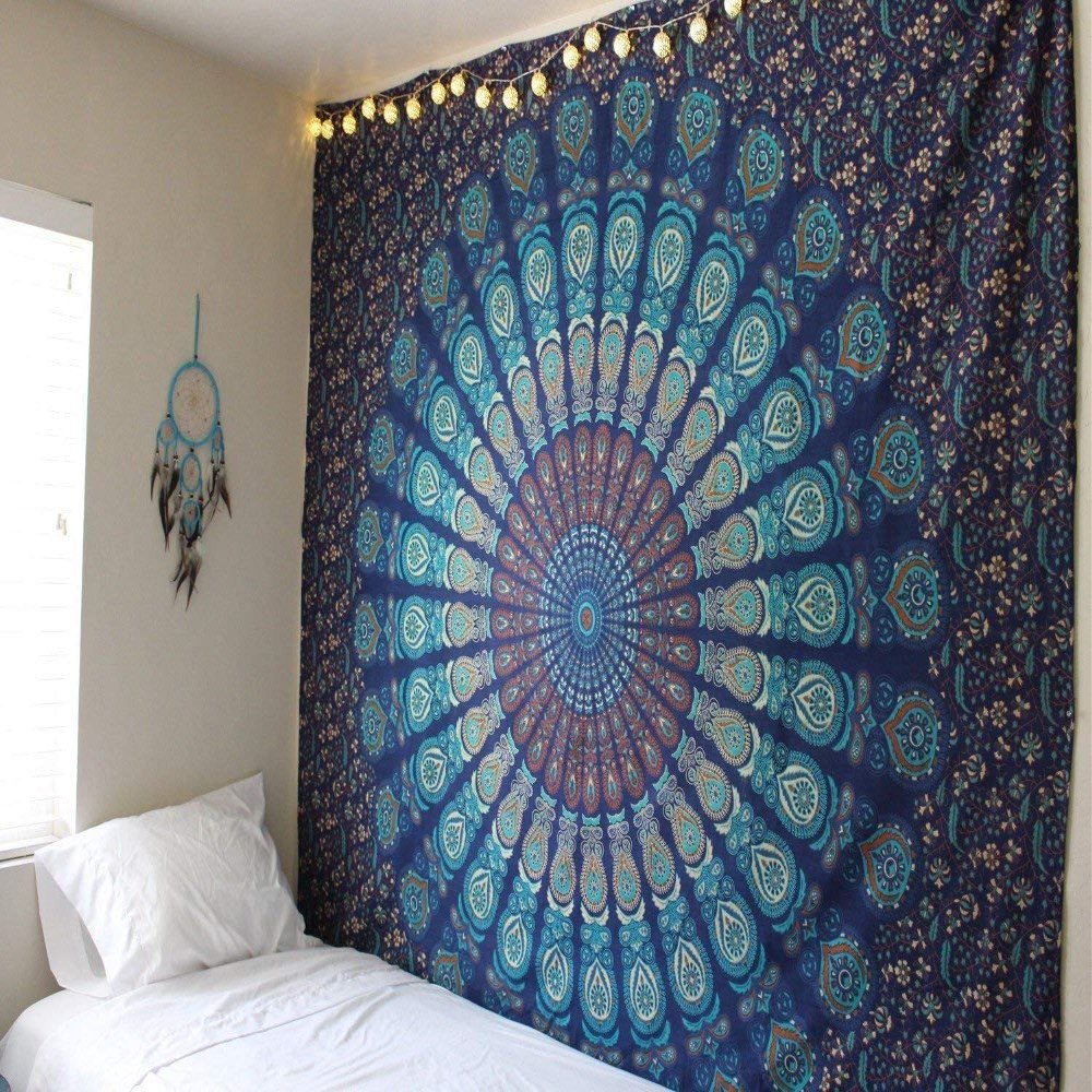 Jiya MURTI Arts Tapestry Blue Peacock Wing Single Bedsheet Wall Hanging Tapestry Bedspread Bedcover Beach Throw Blanket Room Dorm Single Bedsheet Outdoor Picnic Yoga Mat (Blue, 84 x 54 Inches)