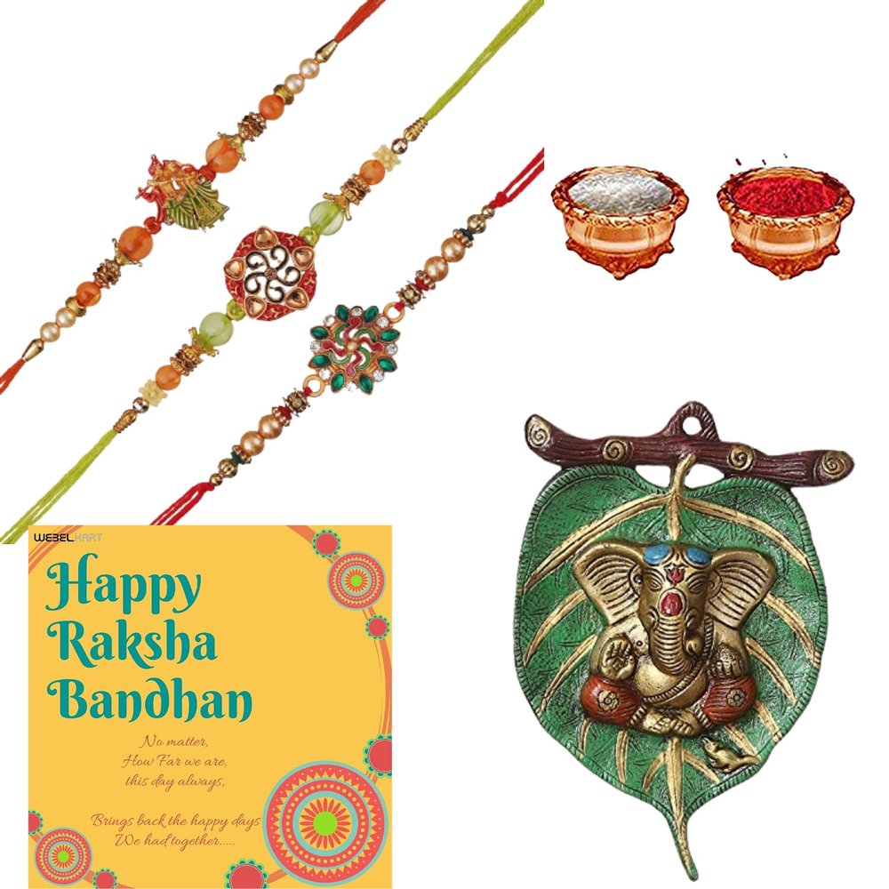 Webelkart Premium Combo of Rakhi Gift for Brother and Bhabhi and Kids with Premium Lord Ganesha Wall Hanging, Rakshabandhan Gifts for Bhai Sister - Fancy Rakhi with Premium Wall Hang