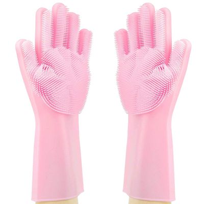 Shahn Silicone Hand Gloves with Scrubber for Kitchen Cleaning, Utensils, Pet Bath and Hair Care. (3 Pairs)