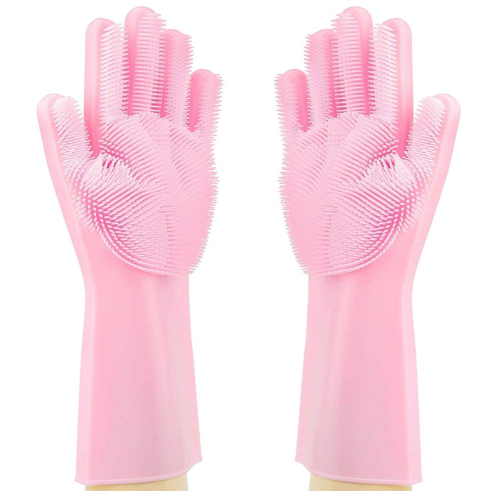 Shahn Silicone Hand Gloves with Scrubber for Kitchen Cleaning, Utensils, Pet Bath and Hair Care. (3 Pairs)