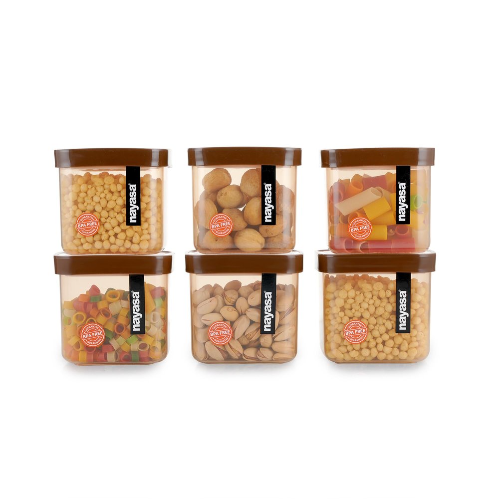 Nayasa Fusion 550 ml BPA Free Food Grade Airtight Kitchen Storage Stackable Containers - Set of 6 | Brown
