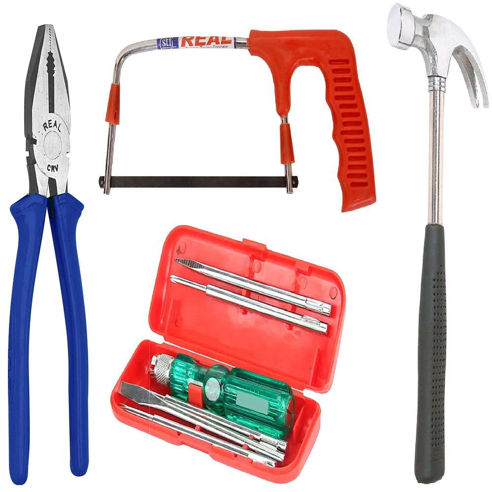Real stf Multi Hand Tool Kit 8 Pc. - Combination Side Cutting Plier 8", Claw Hammer 1/2 LB, Steel Baby Hacksaw with Plastic Handle, 5 Pc Screw Driver Kit