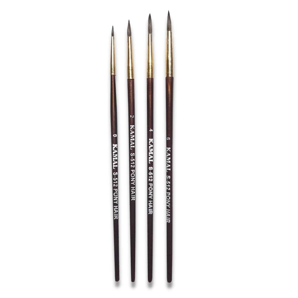 KAMAL Round Natural Pony Hair Non - Synthetic Set of 4 Paint Brushes for Artists or Students Suitable for Oil, Nail, Artist Acrylic Painting Handle - Brown Colour Handle