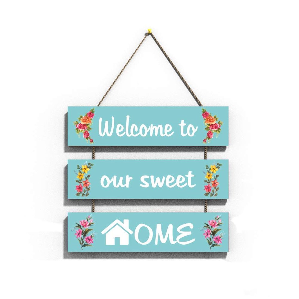 CVANU Abstract Welcome to Our Sweet Home Wall Hanging Board Plaque Sign (Green, 12 x 10.5 Inch)