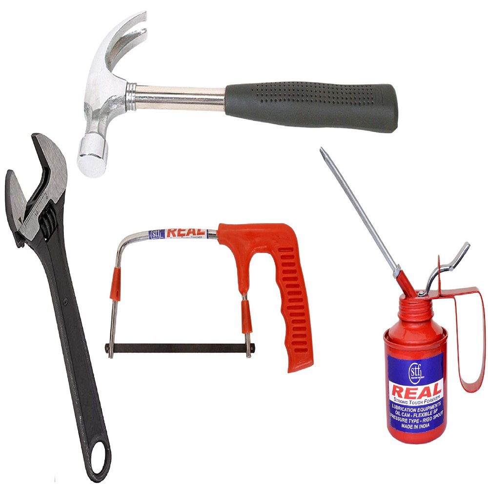 Real stf Multi Hand Tool it 4 Pc. - Claw Hammer 1/2 LB, Steel Baby Hacksaw with Plastic Handle, Adjustable Wrench Black Phosphate 8'', Oil Can 1/2 Pint with Rigid Spout
