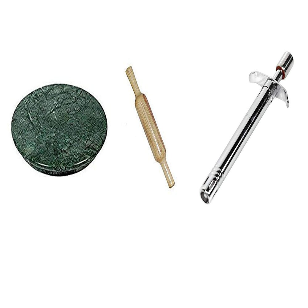 Mamta Creations Wooden Roti Roller/Chakla Belan/Rolling Pin Board/Phulka Maker with Stainless Steel Gas Lighter for Home and Kitchen (9 in, Green) - Pack of 2