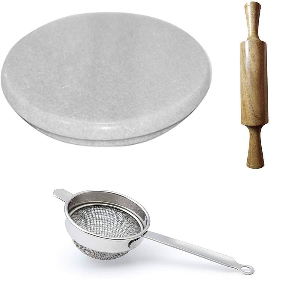 Mamta Creations Wooden Roti Roller/Chakla Belan/Rolling Pin Board/Phulka Maker with Steel Chai Channi/Tea Strainer for Home and Kitchen (9 in, White) - Pack of 2