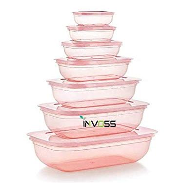INVOSS 7 Pcs Space Saver Combo Plastic Fridge Container Set, Plastic Container Set for Kitchen Refrigerator, Pink (Elliptical- 100 ml,150 ml,290 ml,580 ml,1000 ml,1700 ml,2700 ml)