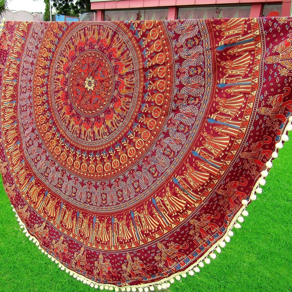 Fashion Hub 100% Cotton Mandala Red Elephant Mandala Printed Cotton Round Wall Hanging Beach Blanket Throw Picnic Yoga Garden Mat