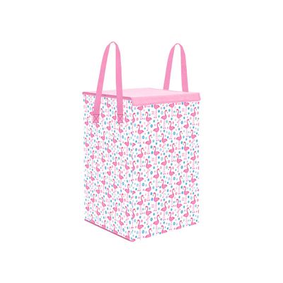PrettyKrafts 75L Non Woven Swan Printed Square Foldable Large Laundry Bag/Basket With Lid & Handles, Freestanding Clothes Storage Organizer for Bedroom, Dorm (36x36x53cm, Pink, Set of 1)