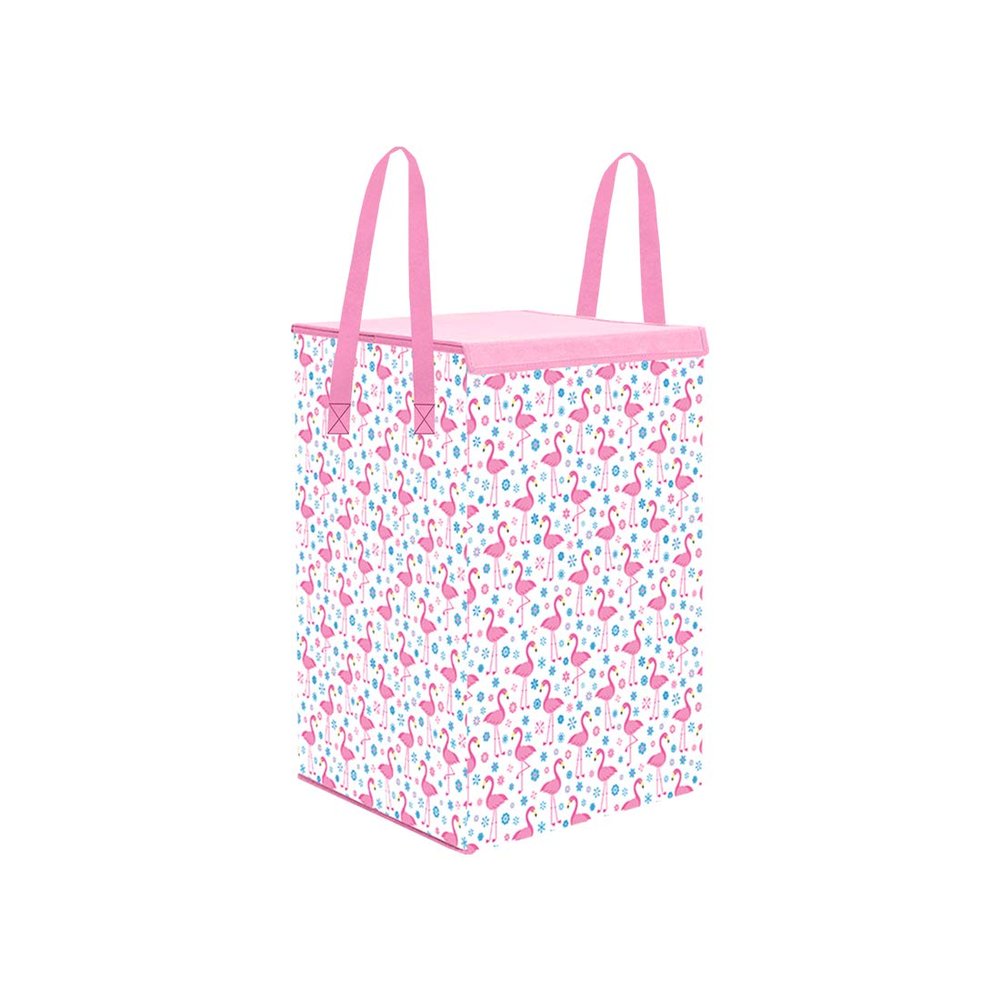 PrettyKrafts 75L Non Woven Swan Printed Square Foldable Large Laundry Bag/Basket With Lid & Handles, Freestanding Clothes Storage Organizer for Bedroom, Dorm (36x36x53cm, Pink, Set of 1)