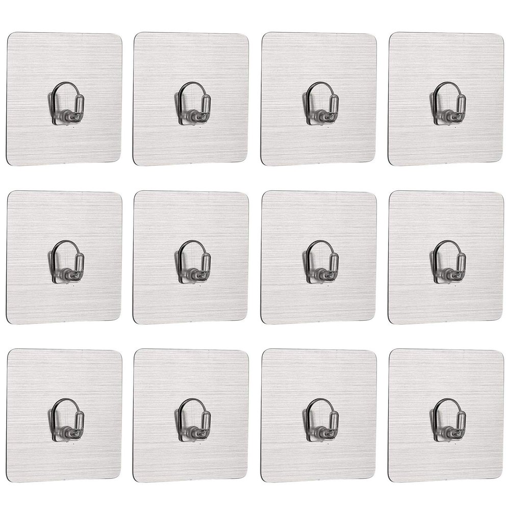 HOKIPO Plastic Magic Sticker Series Self Adhesive Hooks, Pack of 12 (Load Bearing Capacity of 3 KG Each Hook) (AR2256*2), Silver