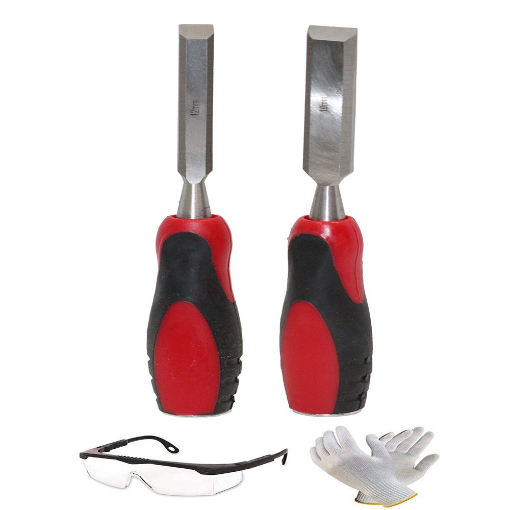 Digital Craft 2PCs High Carbon Steel Wood Carving Chisel Set Manganese Blades Woodworking Kit (12mm, 19mm) with Safety Goggles & Gloves