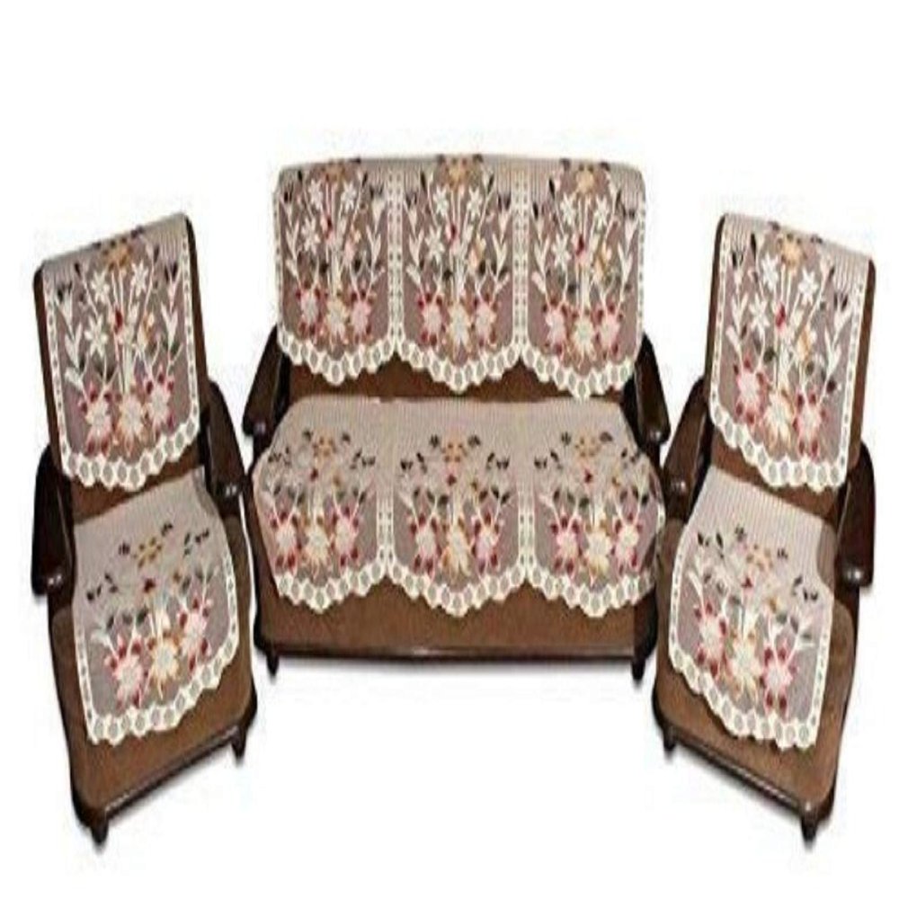 AR??s Exclusive Designer Three Floral Print Fabric 5 Seater Sofa Cover Set of 6 Pieces (Red, Maroon)