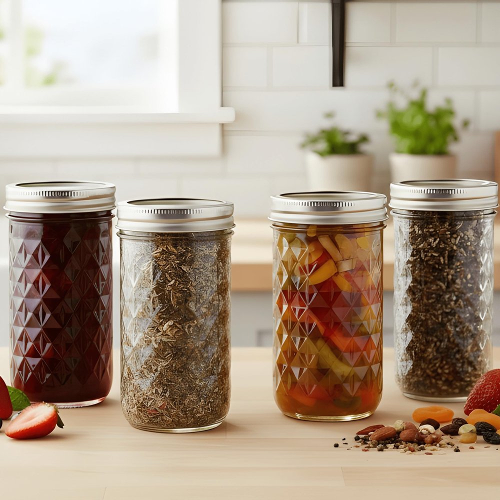 ginoya brothers 320 ml. High Ball Mason Glass Jars For Kitchen Storage With Airtight Silver Lid [Pack Of 4]