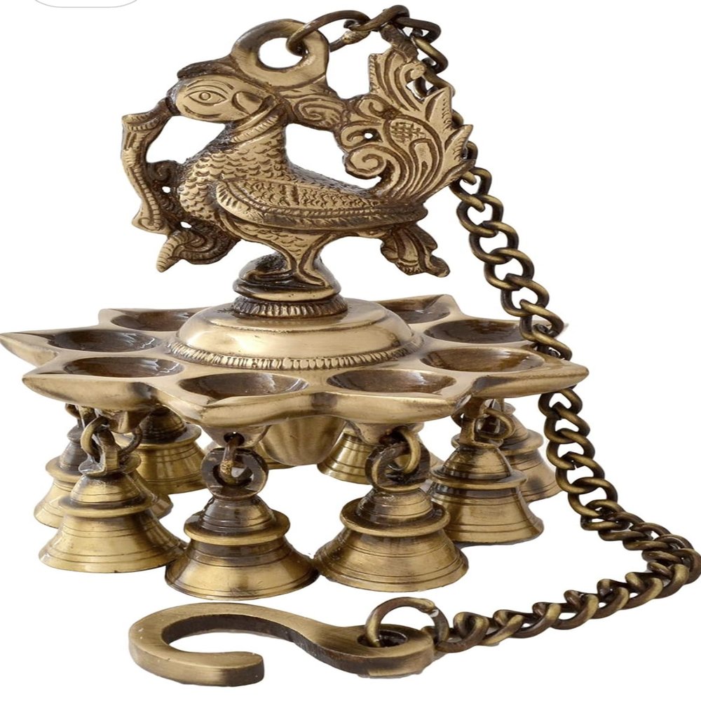 Siddhi Vinayak Brass Handicrafts Akhand Diya Decorative Brass Crystal Oil Lamp Tea Light Holder Lantern, 6 inch (Gold and White)