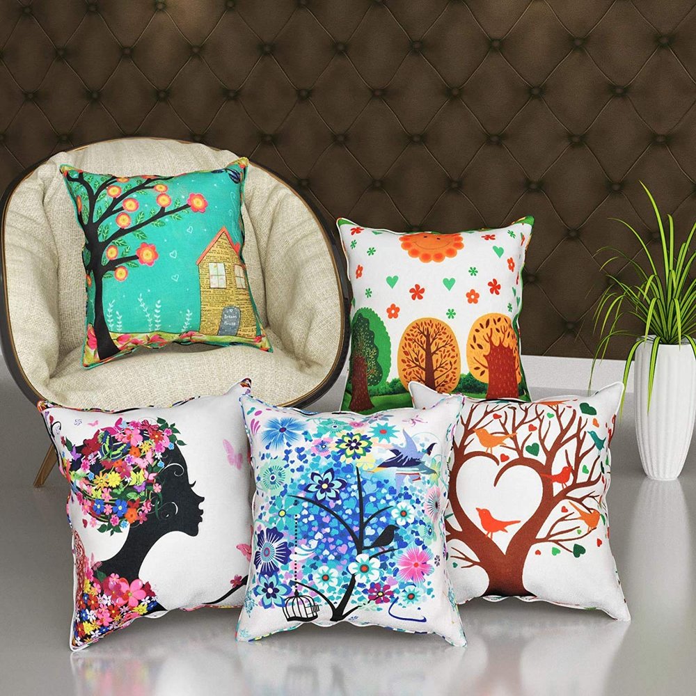 Garisha Abstract Decorative Designer Jute Digital Tree Printed Throw Pillow/Cushion Covers (16 X 16 Inches, Multicolour) - Set of 5