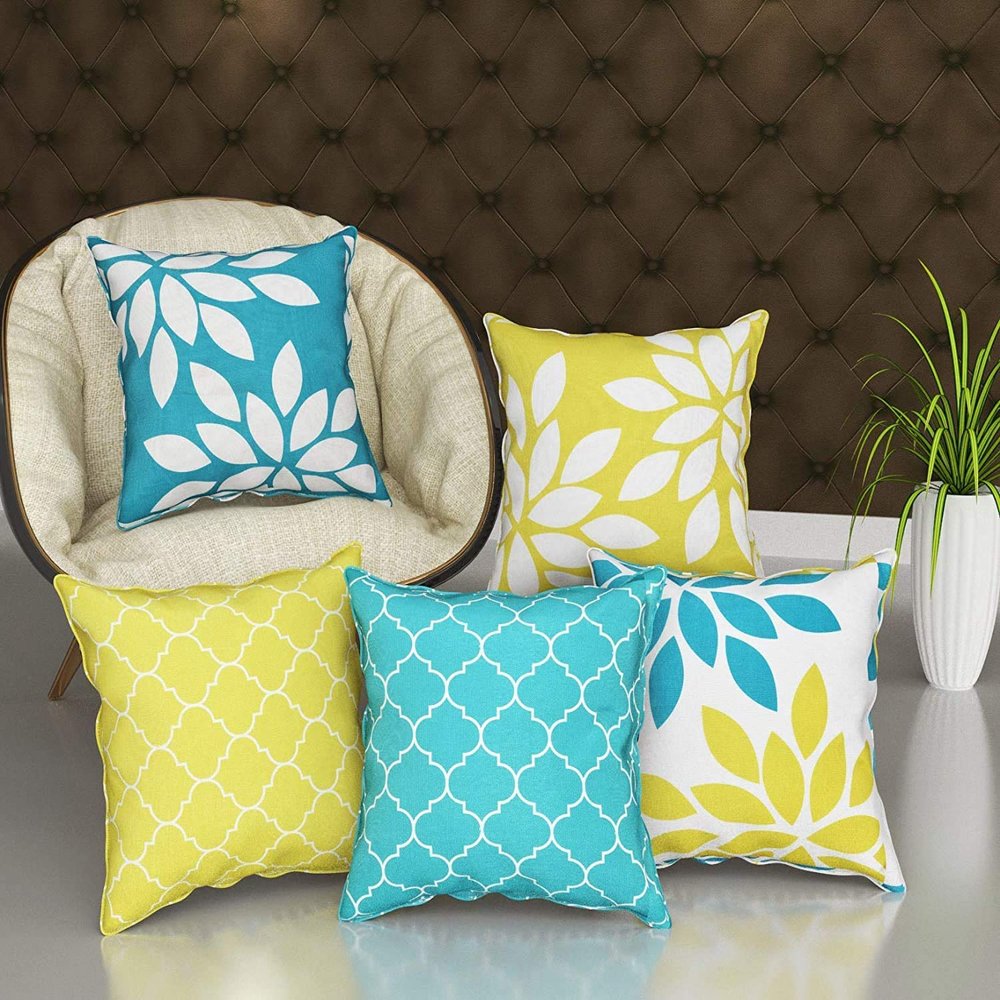Garisha Abstract Decorative Designer Leaf Printed Throw Pillow/Jute Cushion Covers (16 X 16-inches, Multicolour) - Set of 5