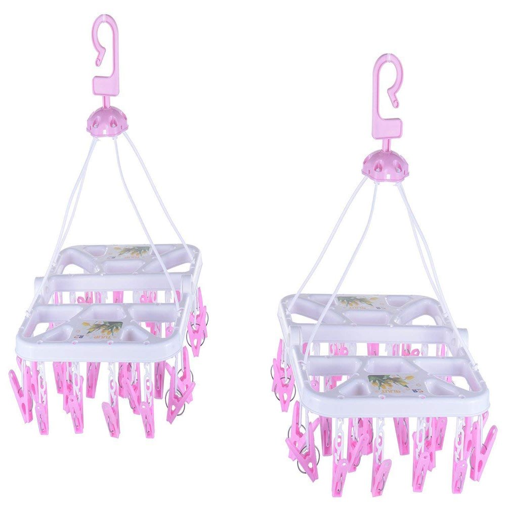 flying CLOUDS Plastic Cloth Drying Stand Hanger with 28 Clips/pegs, Baby Clothes Hanger Stand, Blue or Pink, Set of 2