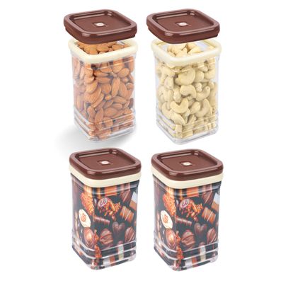 Porpoise Airtight Storage Kitchen Jar/Container Spring Medium, 4 Piece Set, 600 ml each (Brown 4pc)