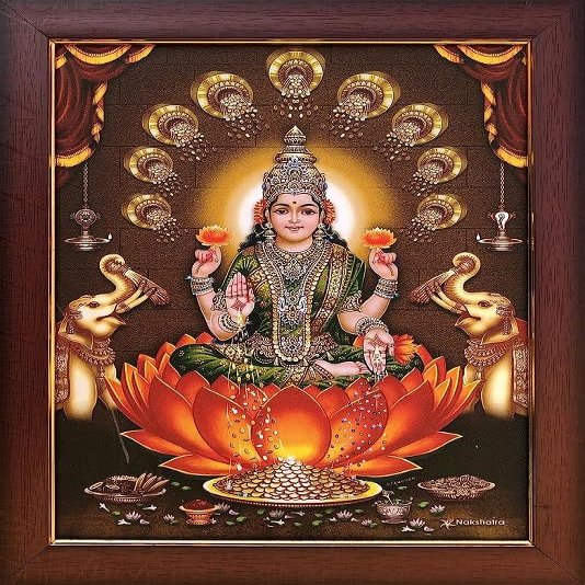 7 Hills Store Hindu Goddess Dhanalakshmi Photo with Wooden Frame (Multicolour, 8 x 12 Inch) ,Wall Mount