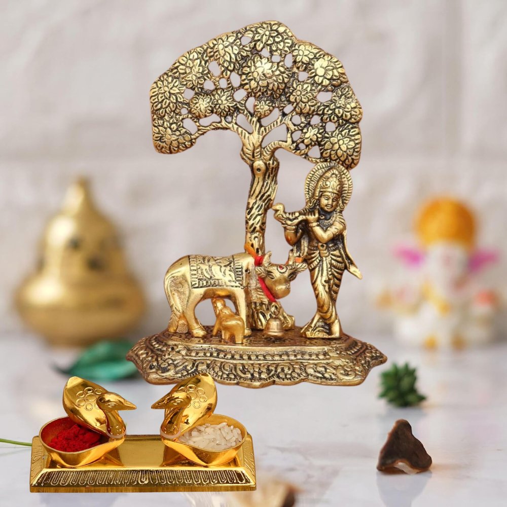Chhariya Crafts Metal Krishna with Cow and Calf Statue Standing Under Tree Plying Flute and Love Bird Kumkum Box for Home and Office Temple Pooja Room Gift Item Decorative Showpieces - 17 cm