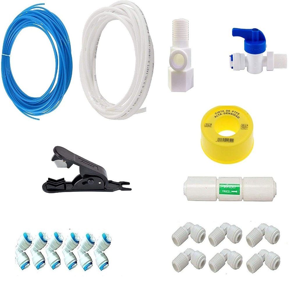 Seazone Ro Inlet Valve Set and Mix Elbow Kit of Connector, Flow Restrictor, 5 Meter Blue and 5 Meter White Pipes, Pipe Cutter - 9 Item