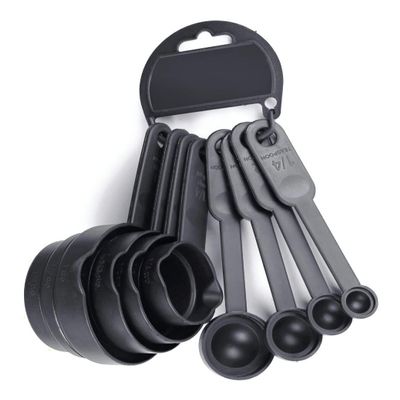 KTU Premium 8pcs Measuring Cup and Spoon Set,Measuring Cups for Kitchen, Measuring Cups for Baking Cake, Cake Baking Accessories, Measuring Spoons and Cups Set,Multi Purpose Kitchen Tooll - Black - ( Pack Of 01 )