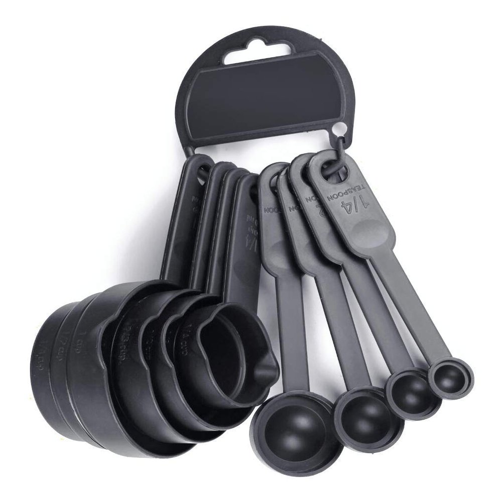 KTU Premium 8pcs Measuring Cup and Spoon Set,Measuring Cups for Kitchen, Measuring Cups for Baking Cake, Cake Baking Accessories, Measuring Spoons and Cups Set,Multi Purpose Kitchen Tooll - Black - ( Pack Of 01 )