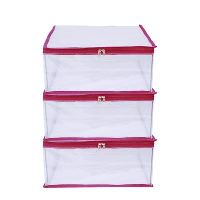 MBW Clothes Organiser for Wardrobe, Saree Covers with zip, Saree Organizer for Wardrobe, Clothes Storage Bag, Saree Bags Storage, Saree Covers for Storage, Transparent (Pink - Pack of 3)
