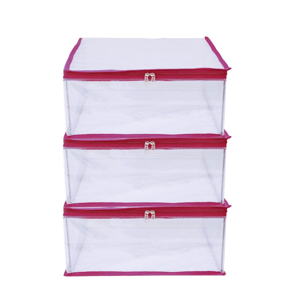 MBW Clothes Organiser for Wardrobe, Saree Covers with zip, Saree Organizer for Wardrobe, Clothes Storage Bag, Saree Bags Storage, Saree Covers for Storage, Transparent (Pink - Pack of 3)