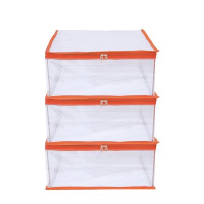 MBW Clothes Organiser for Wardrobe, Saree Covers with zip, Saree Organizer for Wardrobe, Clothes Storage Bag, Saree Bags Storage, Saree Covers for Storage, Transparent (Orange - Pack of 3)