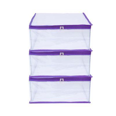 MBW Fabric Clothes Organiser for Wardrobe, Saree Covers with zip, Saree Organizer for Wardrobe, Clothes Storage Bag, Saree Covers for Storage, Transparent (Purple - Pack of 3, 25 cm, 35 cm)