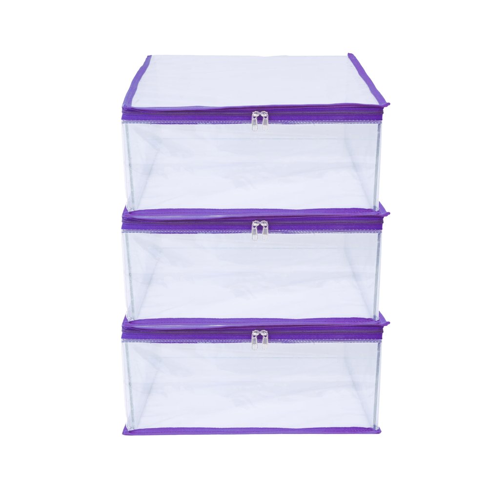 MBW Fabric Clothes Organiser for Wardrobe, Saree Covers with zip, Saree Organizer for Wardrobe, Clothes Storage Bag, Saree Covers for Storage, Transparent (Purple - Pack of 3, 25 cm, 35 cm)